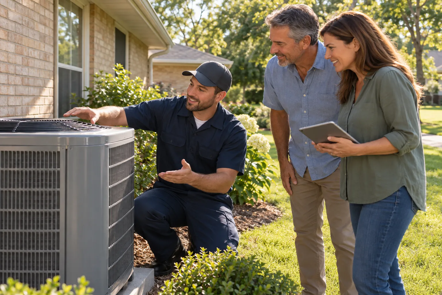 A friendly local provider reviewing a new outdoor AC unit with a homeowner at a house in Naperville
