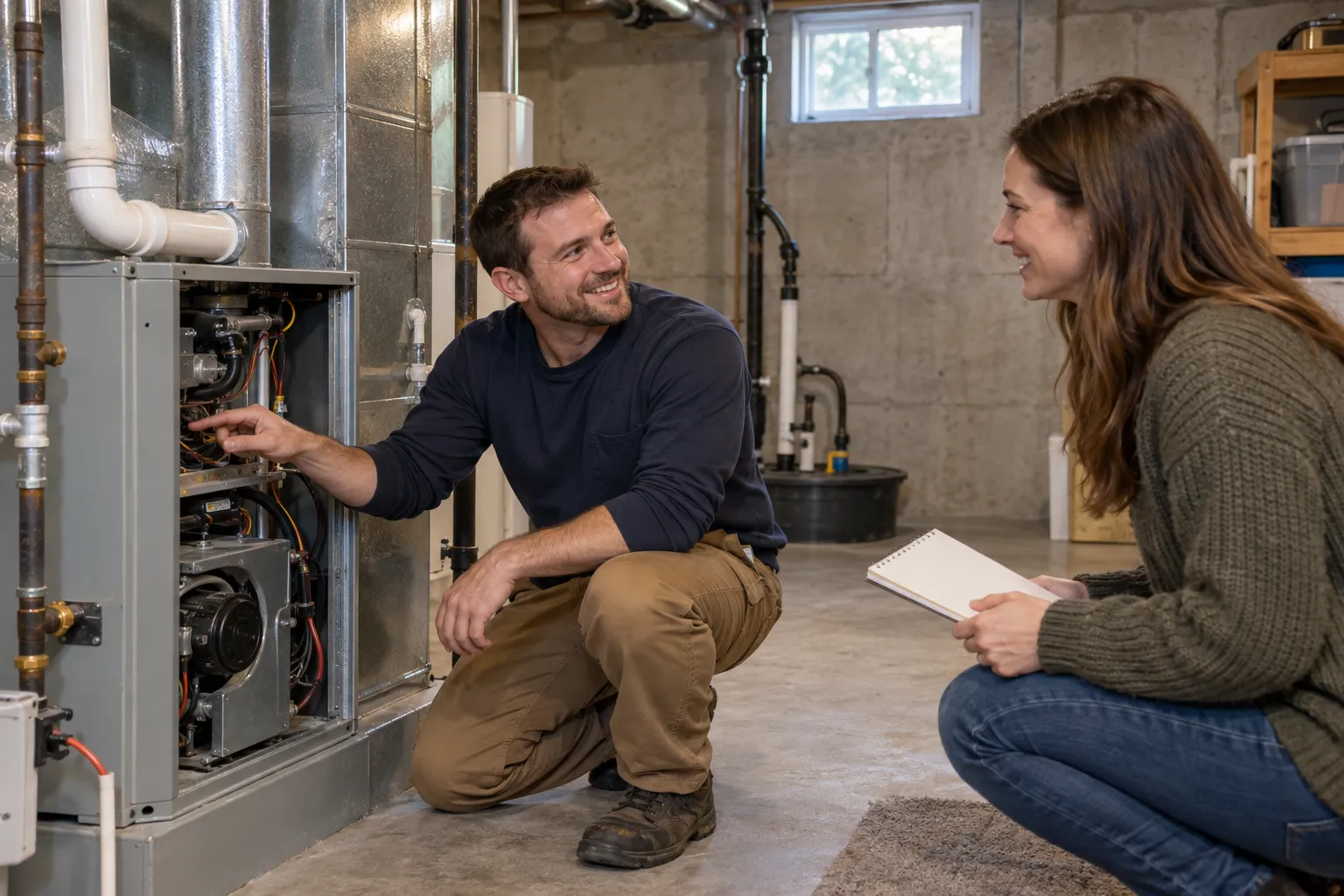 Friendly local heating provider checking a gas furnace in a home basement in Naperville
